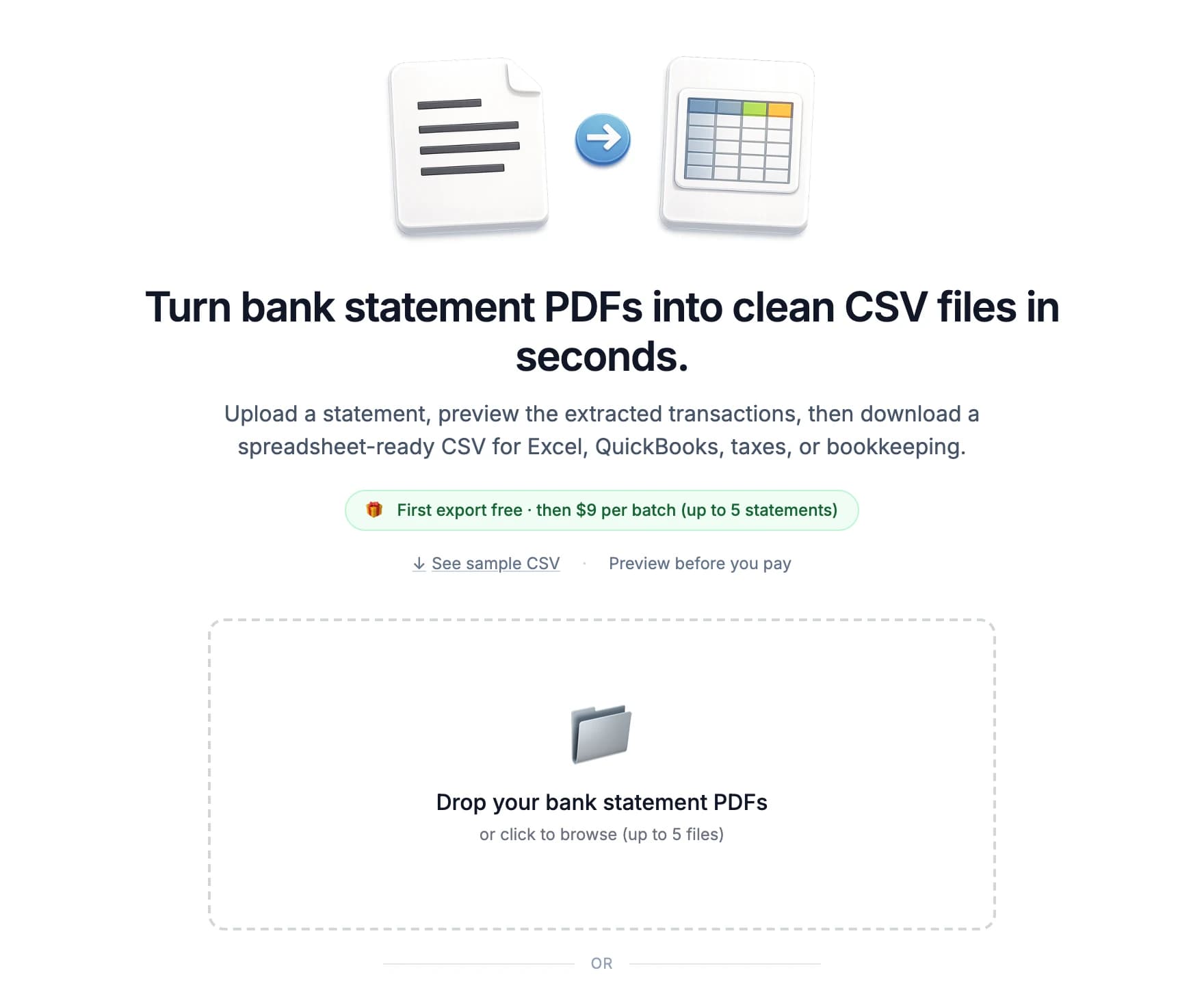 BankToCSV landing page: “Turn bank statement PDFs into clean CSV files in seconds”, a first-export-free note, and a drop zone for statement PDFs.