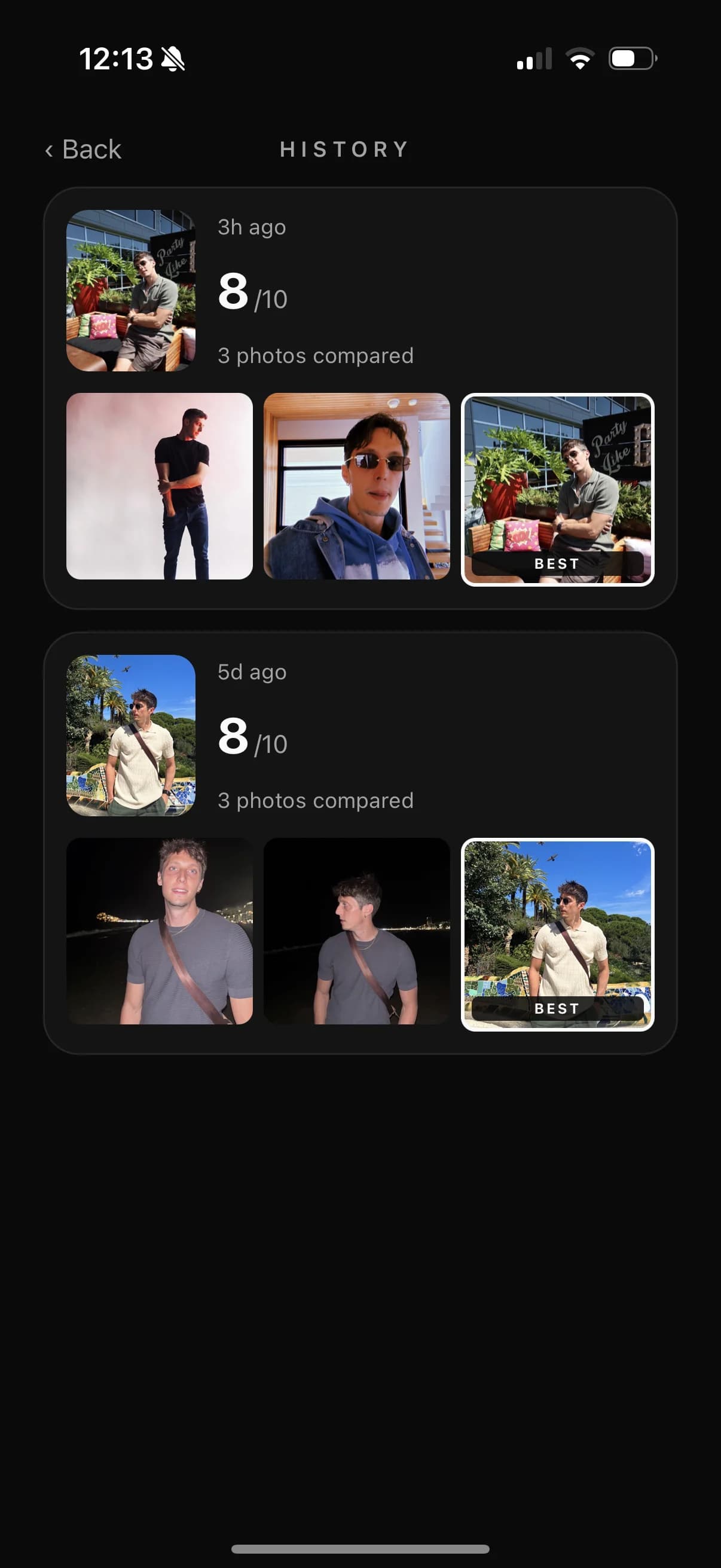 BestPic result screen: “This is your best photo” with a score and breakdown.
