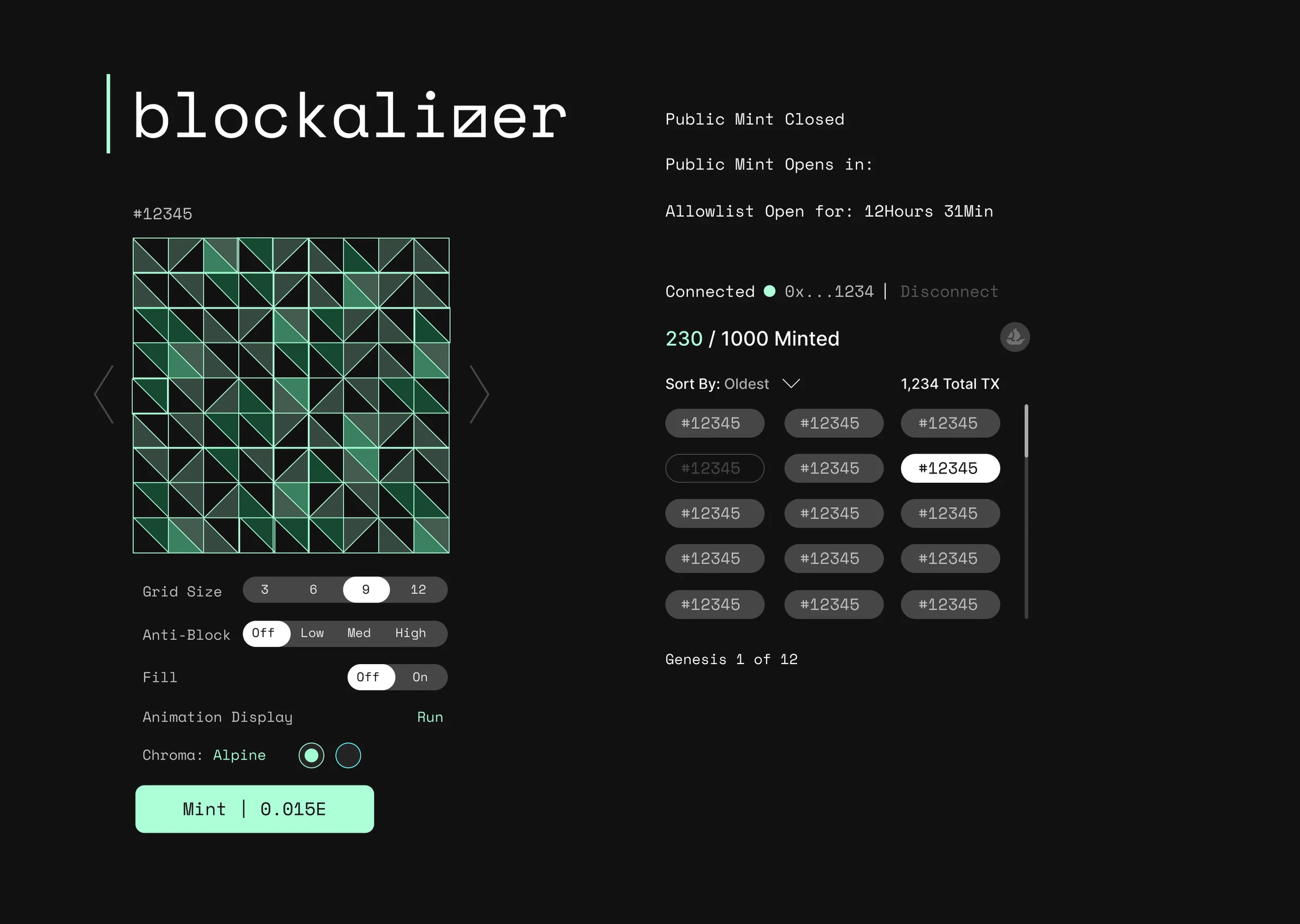 Blockalizer mint interface with a generated pattern preview.