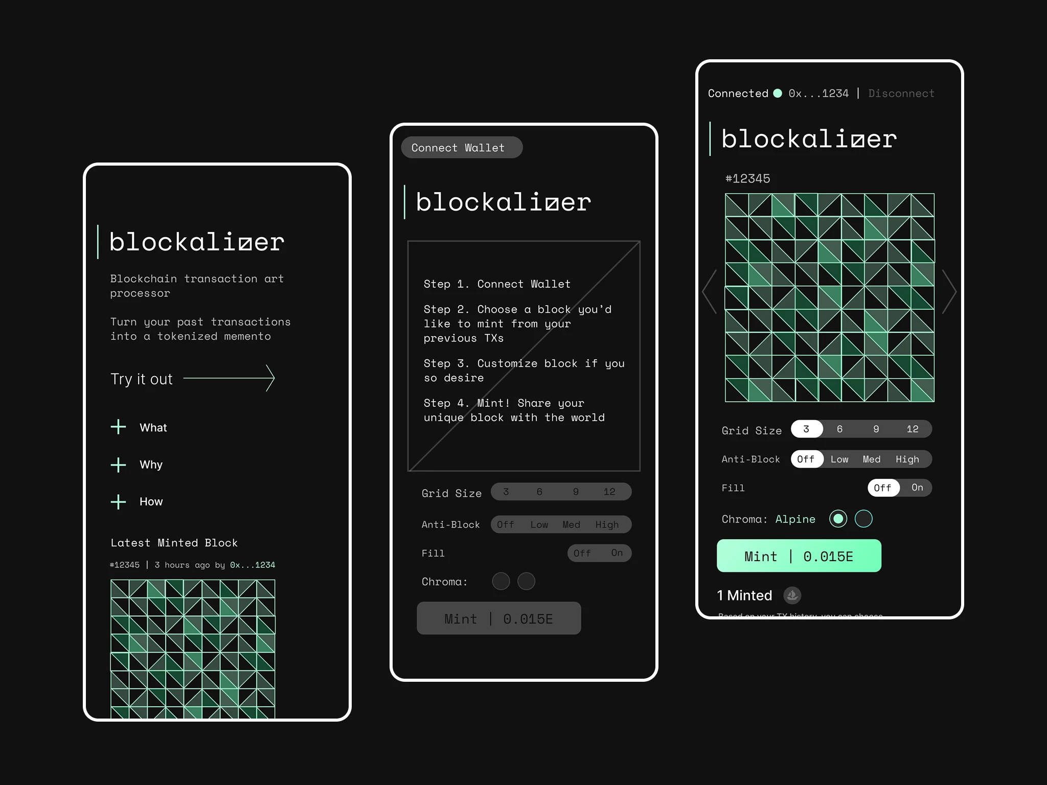 Blockalizer on mobile: three screens of the mint flow.