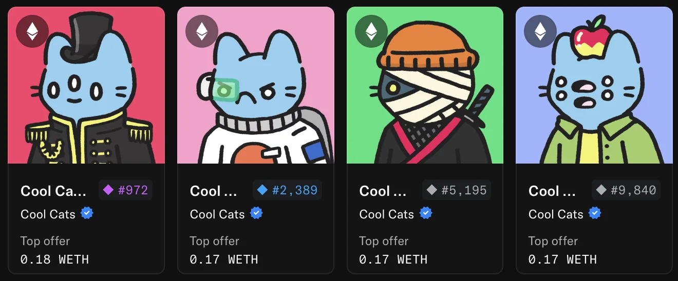 Four Cool Cats characters shown as marketplace cards.