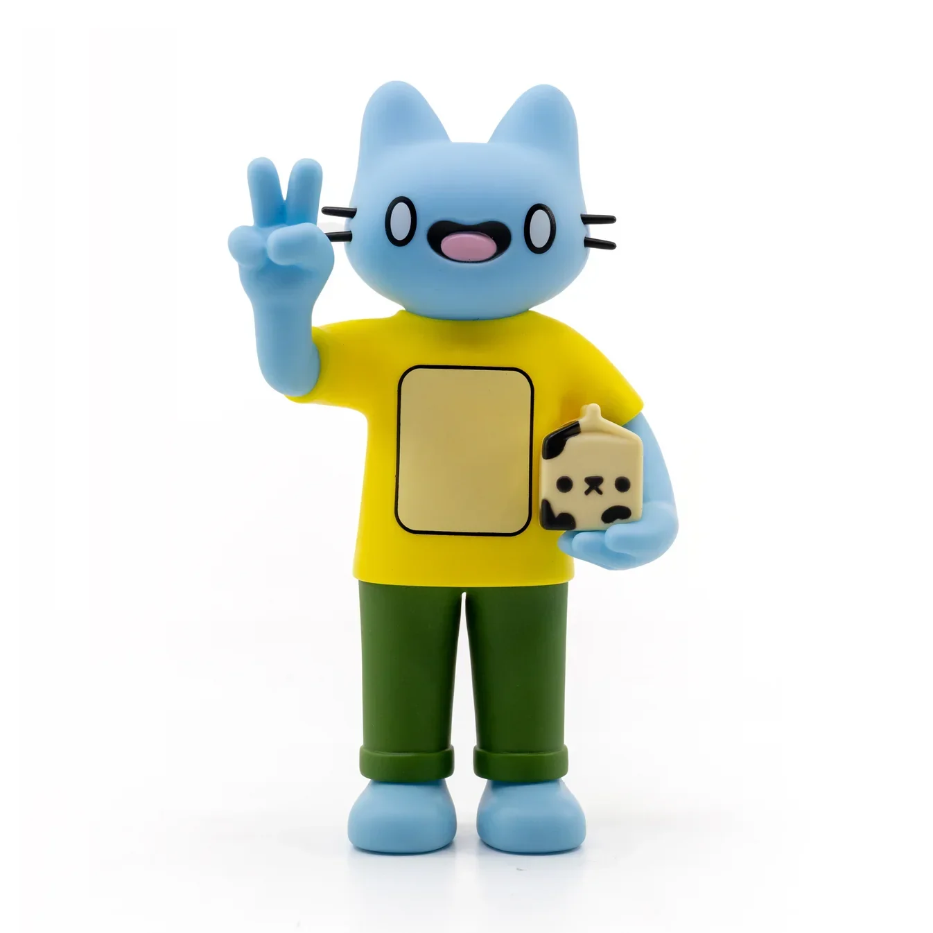 A Cool Cats vinyl figure: a blue cat in a yellow shirt making a peace sign.