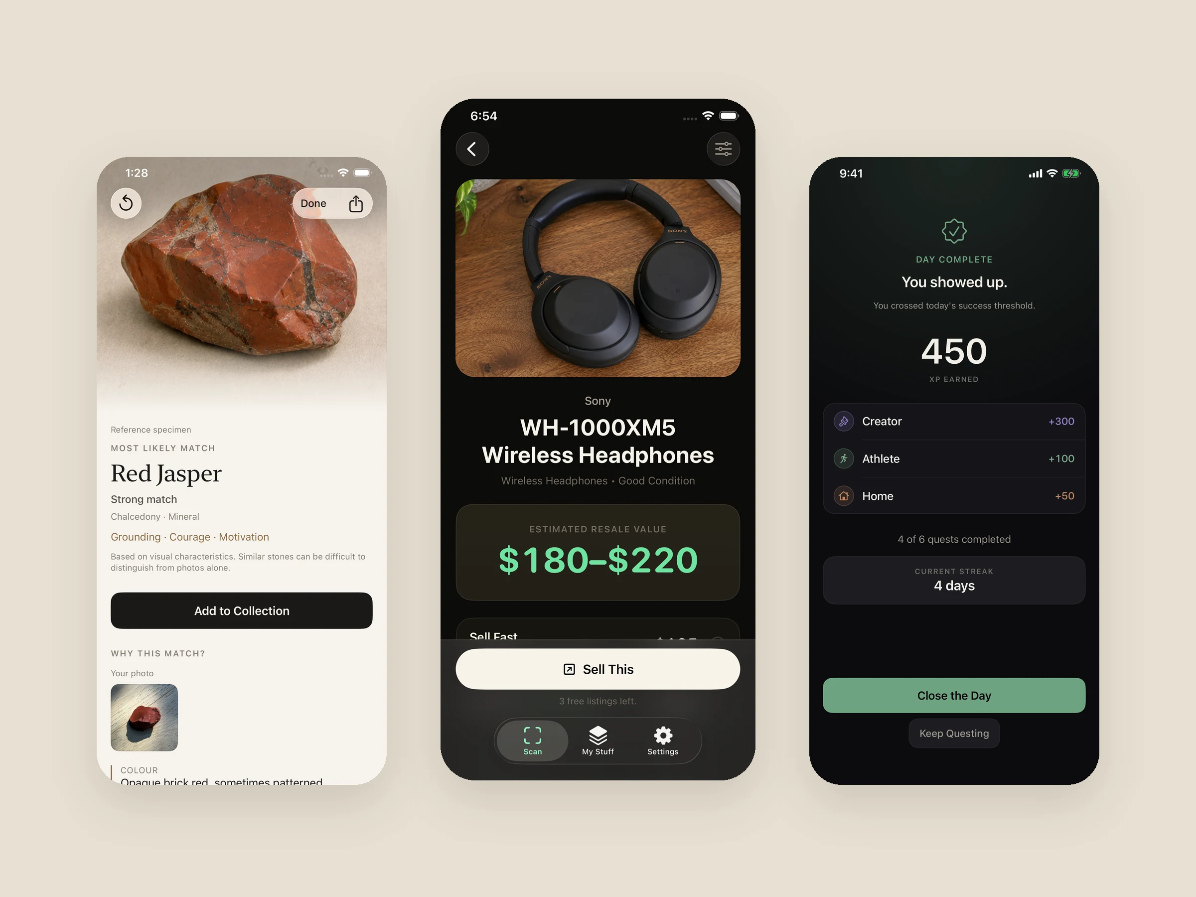 Three iPhone screens from ELU LABS apps: LORE identifying a red jasper, Worth pricing a pair of headphones, and Questward’s day-complete screen.