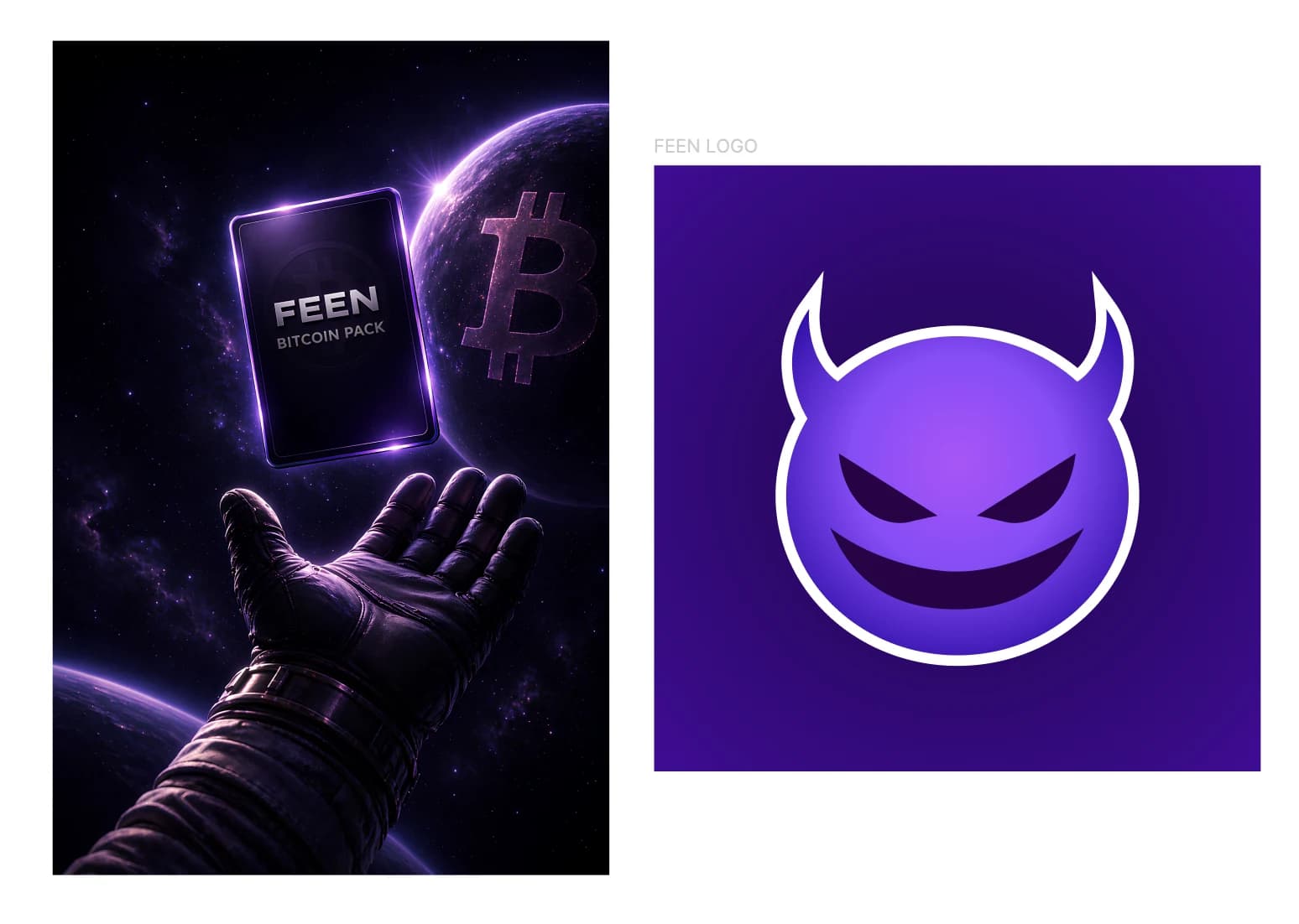 FEEN artwork: a hand reaching for a glowing card beside a purple devil-face emblem.