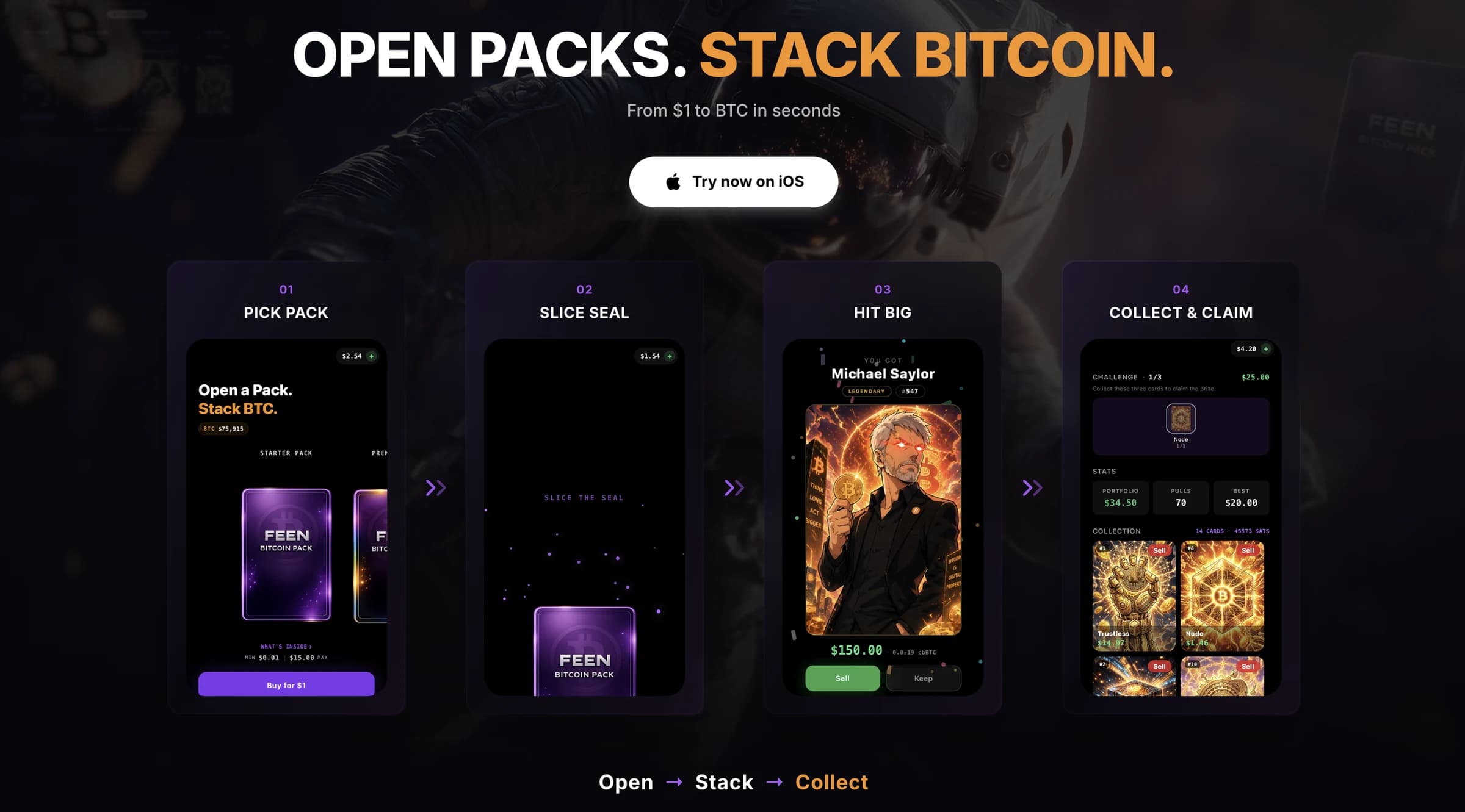FEEN promotional layout: “Open packs. Stack bitcoin.” above four phone screens showing pack opening and collecting.
