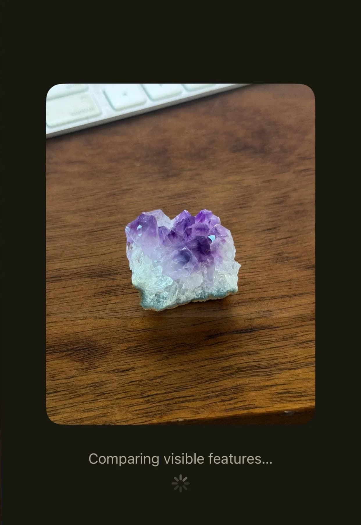 A purple amethyst cluster in LORE’s scanner, comparing visible features.