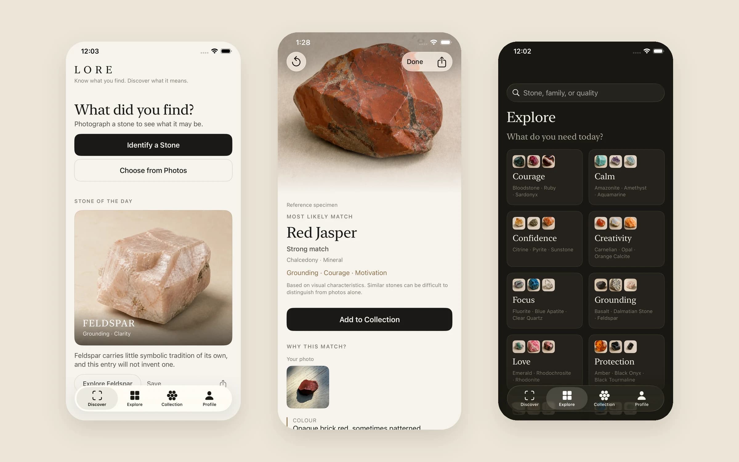 Three LORE screens: the identify prompt with stone of the day, a red jasper match, and the Explore grid of qualities.