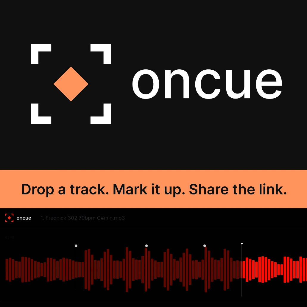 OnCue identity: the bracketed cue mark and wordmark, the line “Drop a track. Mark it up. Share the link.”, and the waveform with note markers.
