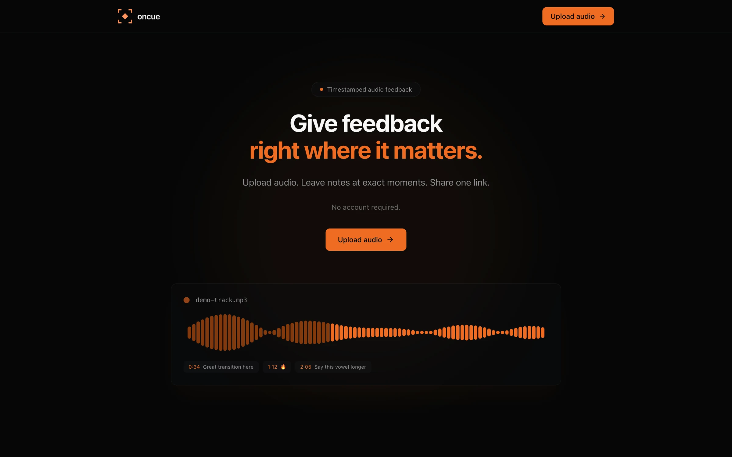 The OnCue landing page: “Drop a track. Mark it up. Share the link.” above an orange audio waveform.