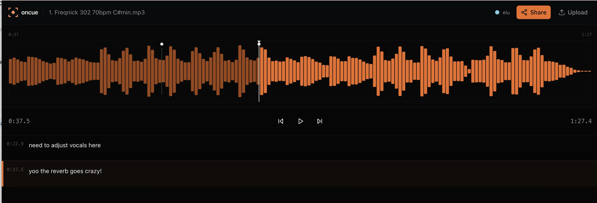 OnCue’s editor: an orange waveform with comment markers and a list of timestamped notes.