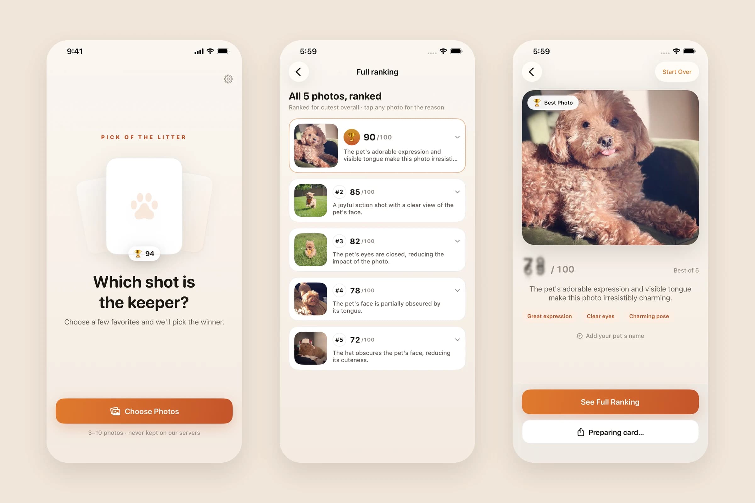 Three Pick of the Litter screens: choosing pet photos, a full ranking, and the best photo of a dog.