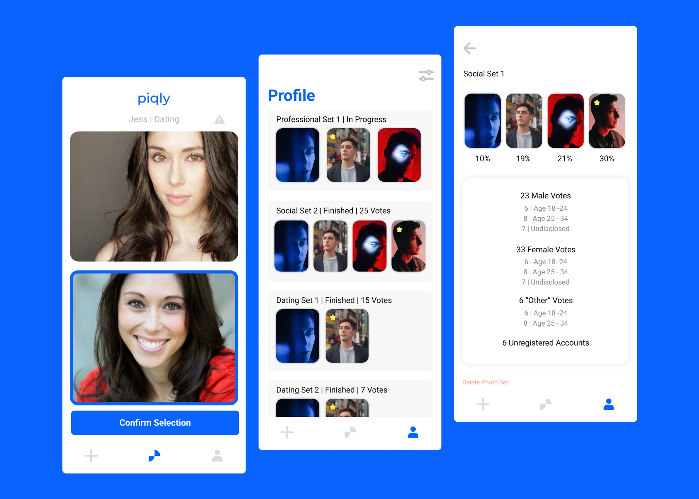 Piqly screens on a blue background: photo sets, profile, and vote results.