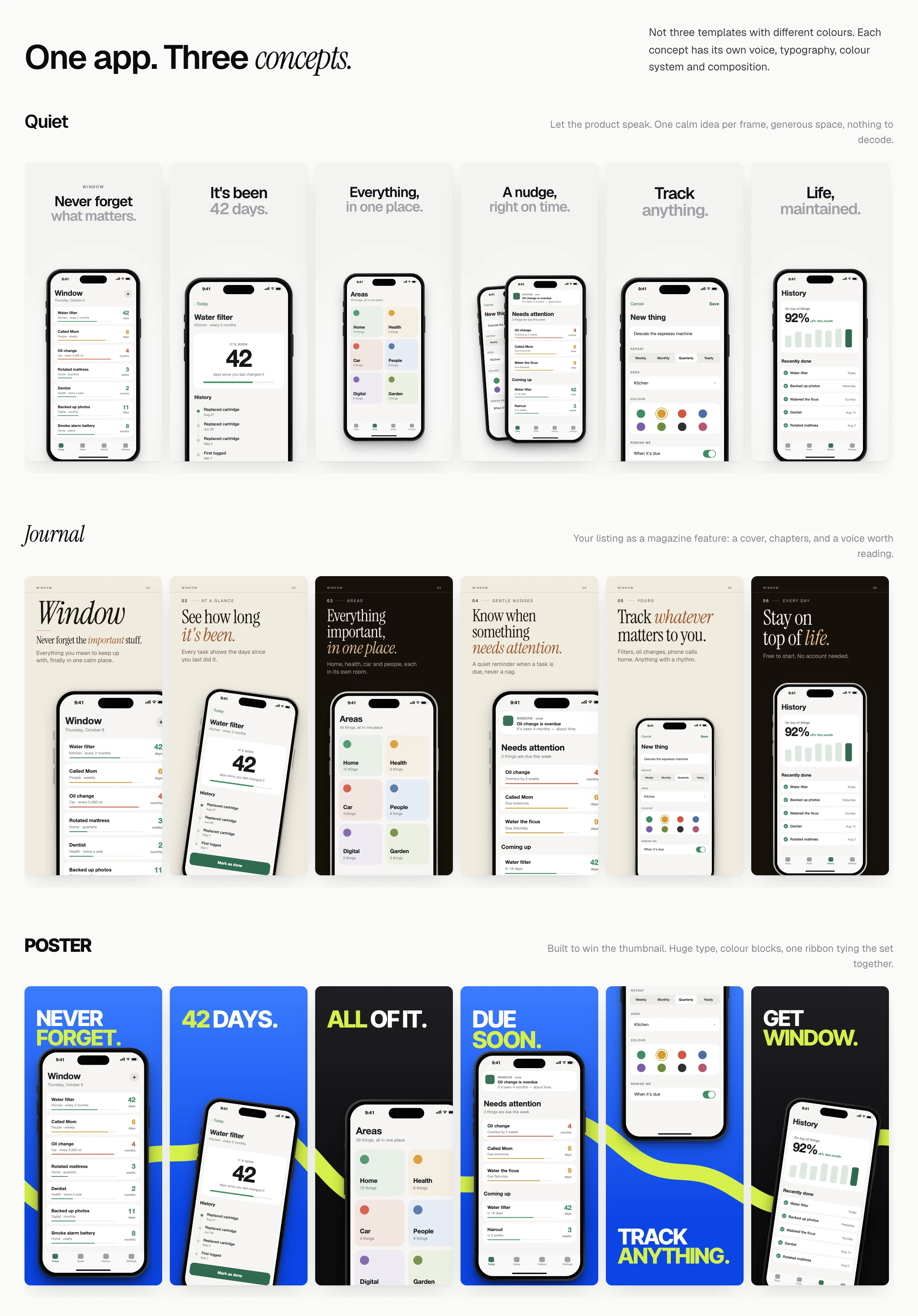 One app, three concepts: the same Window screenshots presented as Quiet (calm, airy), Journal (editorial serif, cream and black), and Poster (huge type, blue and lime).