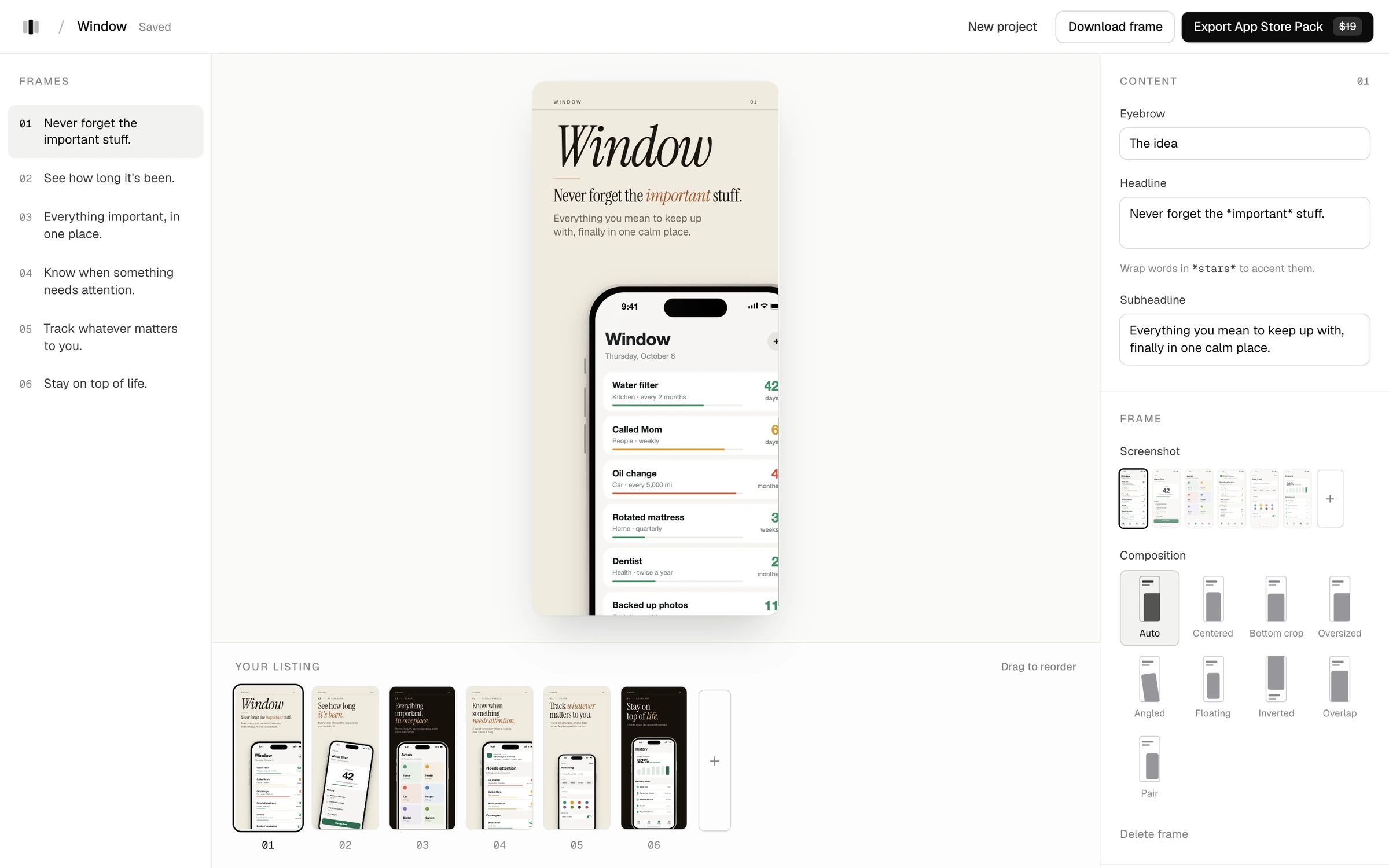 The Storyframe editor: a frame list on the left, the selected App Store frame in the centre, and copy and composition controls on the right.