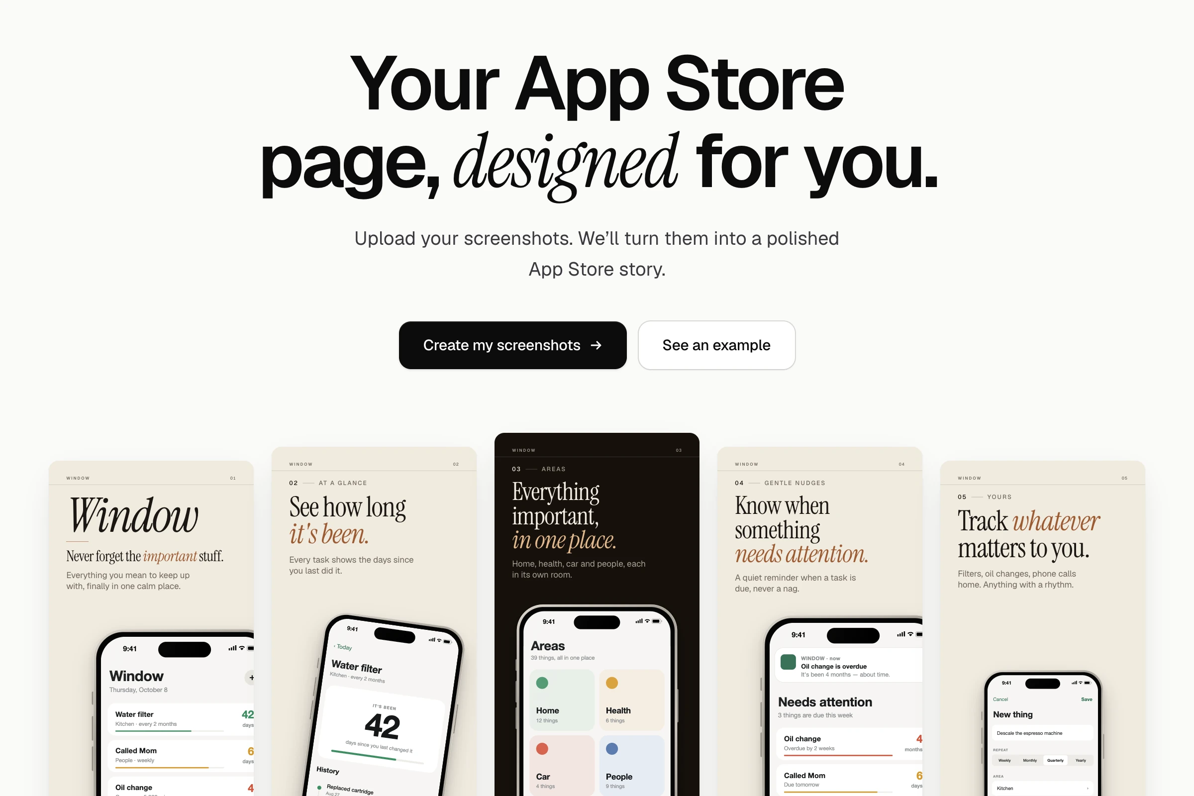 Storyframe’s landing page: “Your App Store page, designed for you.” above a row of finished App Store screenshots for the Window app.