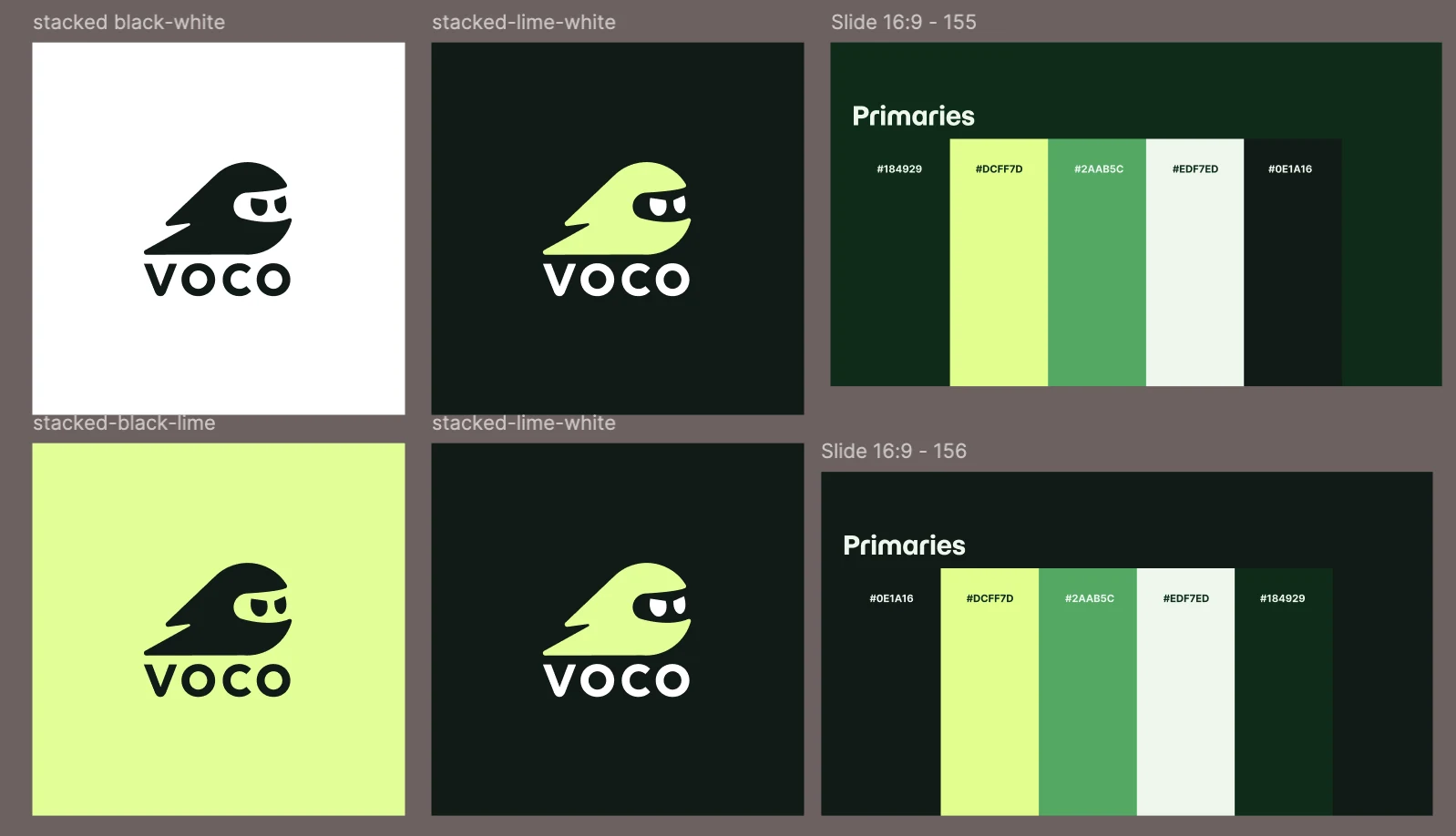 VOCO logo lockups in white, lime, and dark green with primary colour swatches.