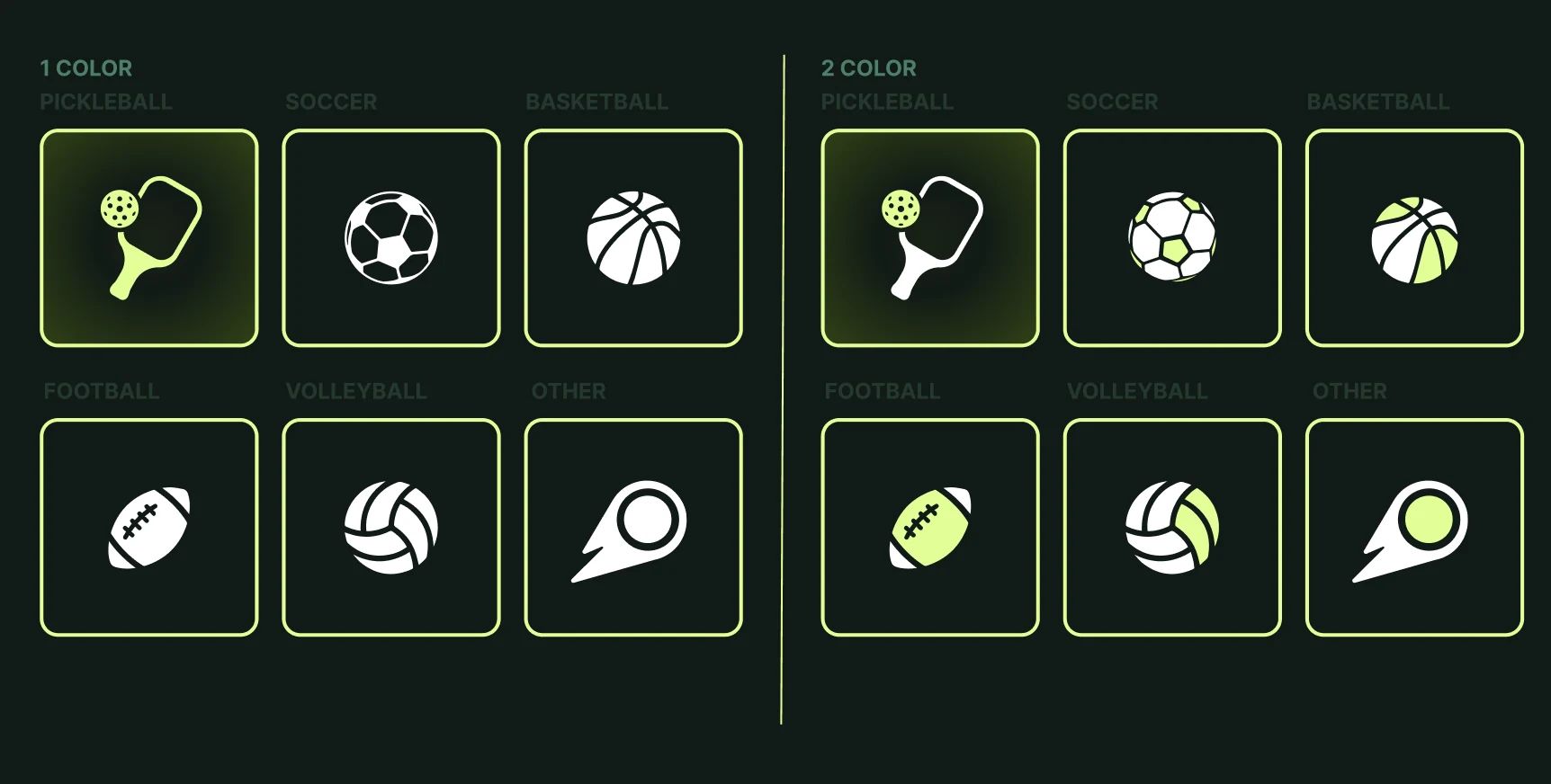 A set of VOCO sport icons for pickleball, soccer, basketball and more in one and two colours.