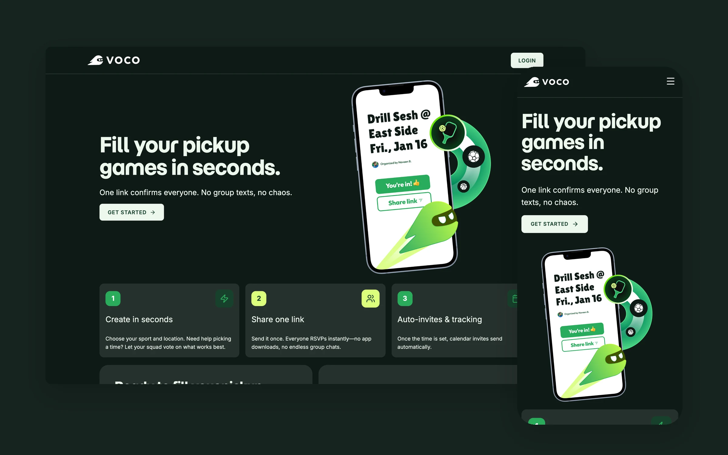 voco.gg on desktop and mobile: “Fill your pickup games in seconds” with a phone showing a session invite, and three steps — create, share one link, auto-invites.