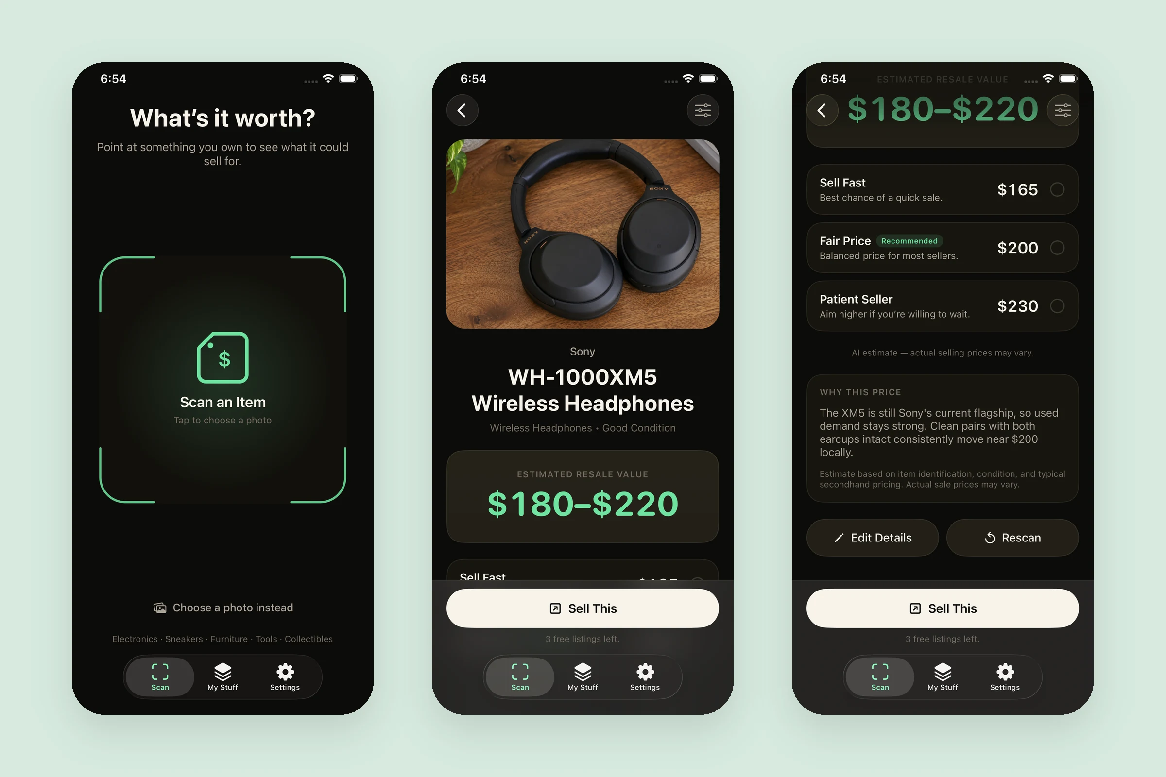 Three Worth screens: the scanner, an estimated resale range for Sony headphones, and three pricing strategies with a listing.