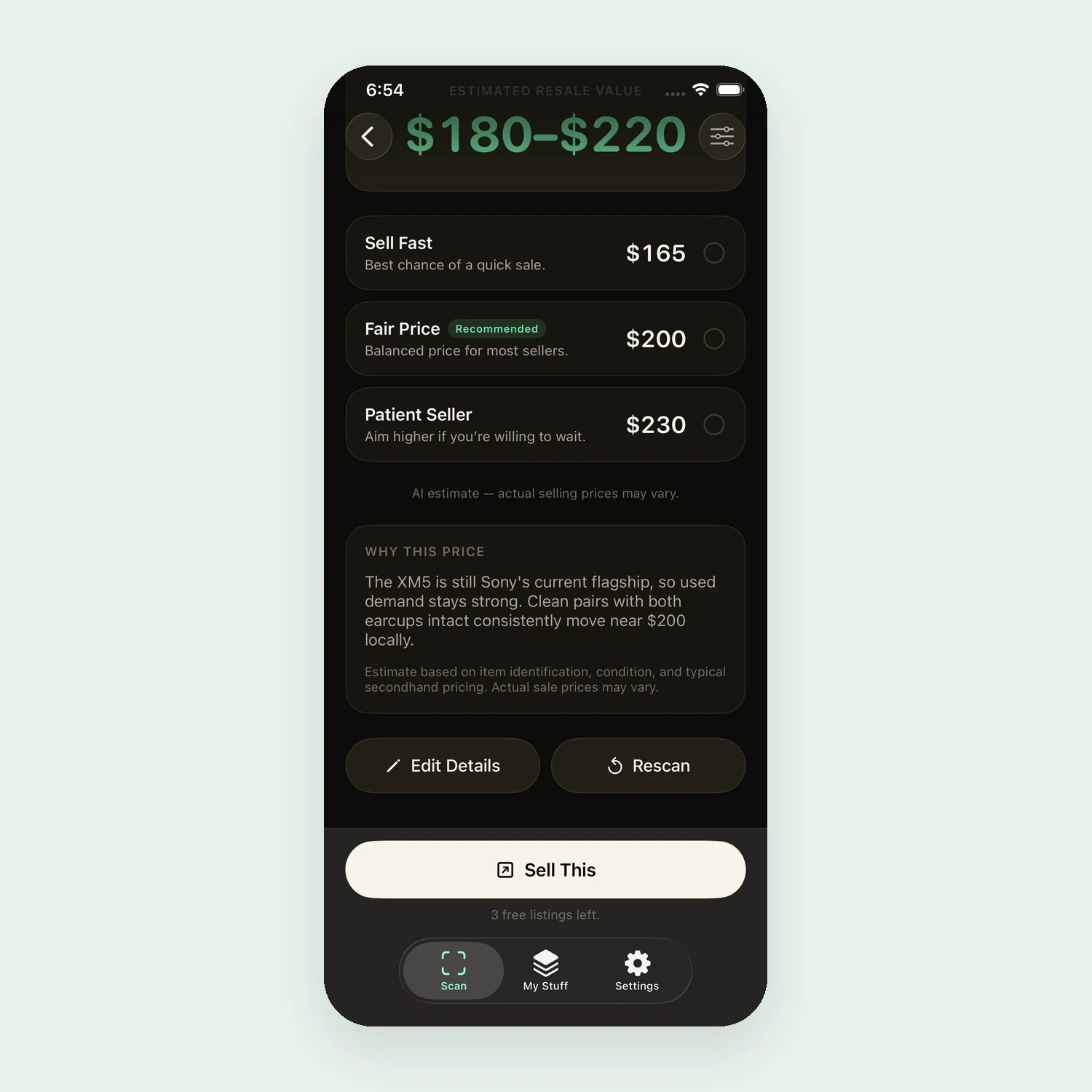 Worth’s pricing screen: $180–$220 with Sell Fast at $165, Fair Price at $200 (recommended), and Patient Seller at $230, plus a “Why this price” explanation.